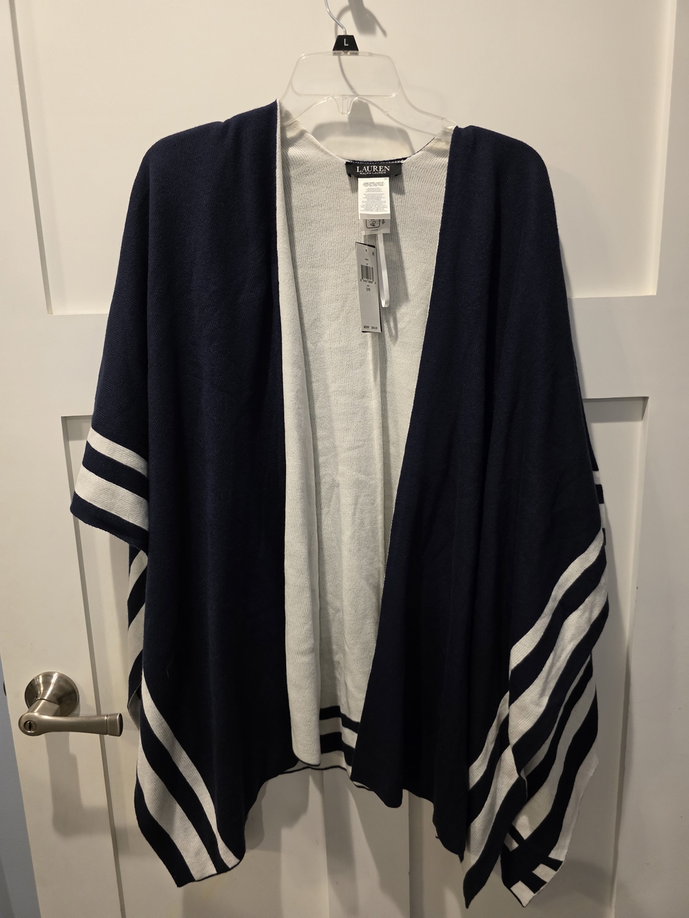 NEW NWT Black Label Lauren Ralph OSFA Lauren Navy Ivory Wrap Shawl Drape Sweater